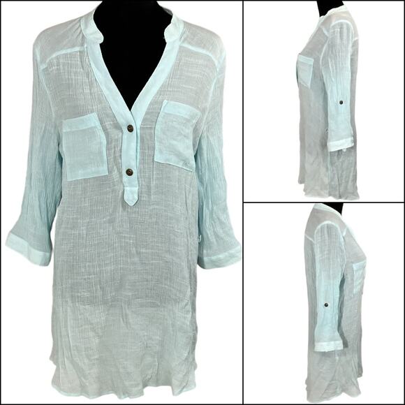 Iz Byer Henley Gauzy Crepe Tunic Top Blouse 3/4 Roll Tab Sleeve Light Blue XL - Picture 2 of 15